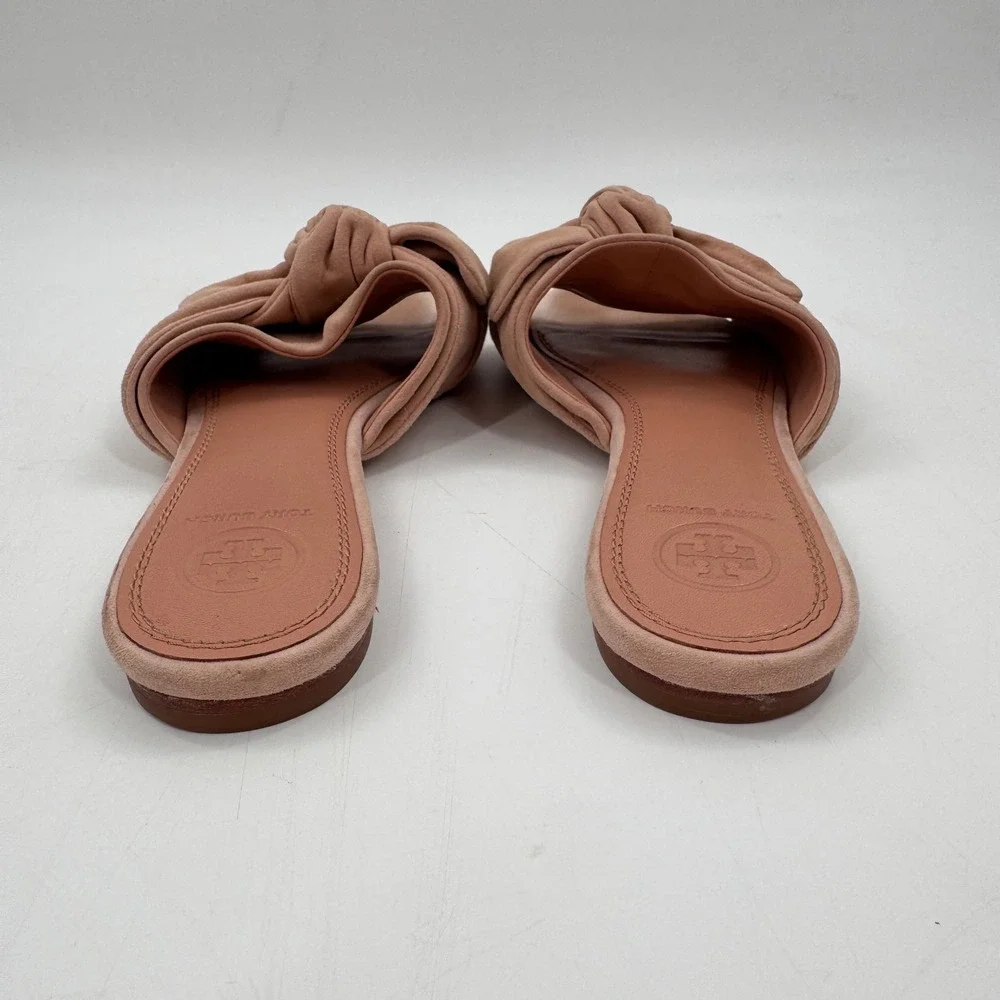 Tory Burch Annabelle Bow Suede Slide Sandals Blush Nude Size 6.5 Leather Sole